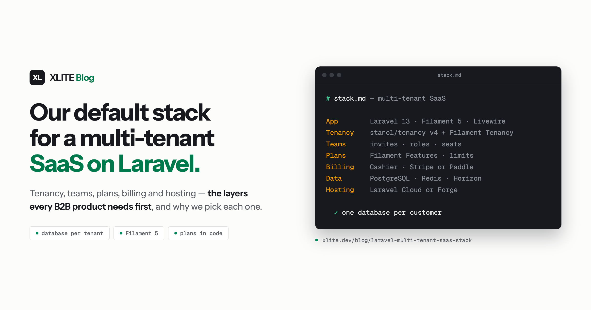 Our default stack for a multi-tenant SaaS on Laravel. Five layers: Laravel 13 and Filament 5 for the app and panel; a database per tenant with stancl/tenancy and Filament Tenancy; teams and roles with Filament Teams; plans, limits and billing with Filament Features and Laravel Cashier; PostgreSQL, Redis and Horizon on Laravel Cloud or Forge.