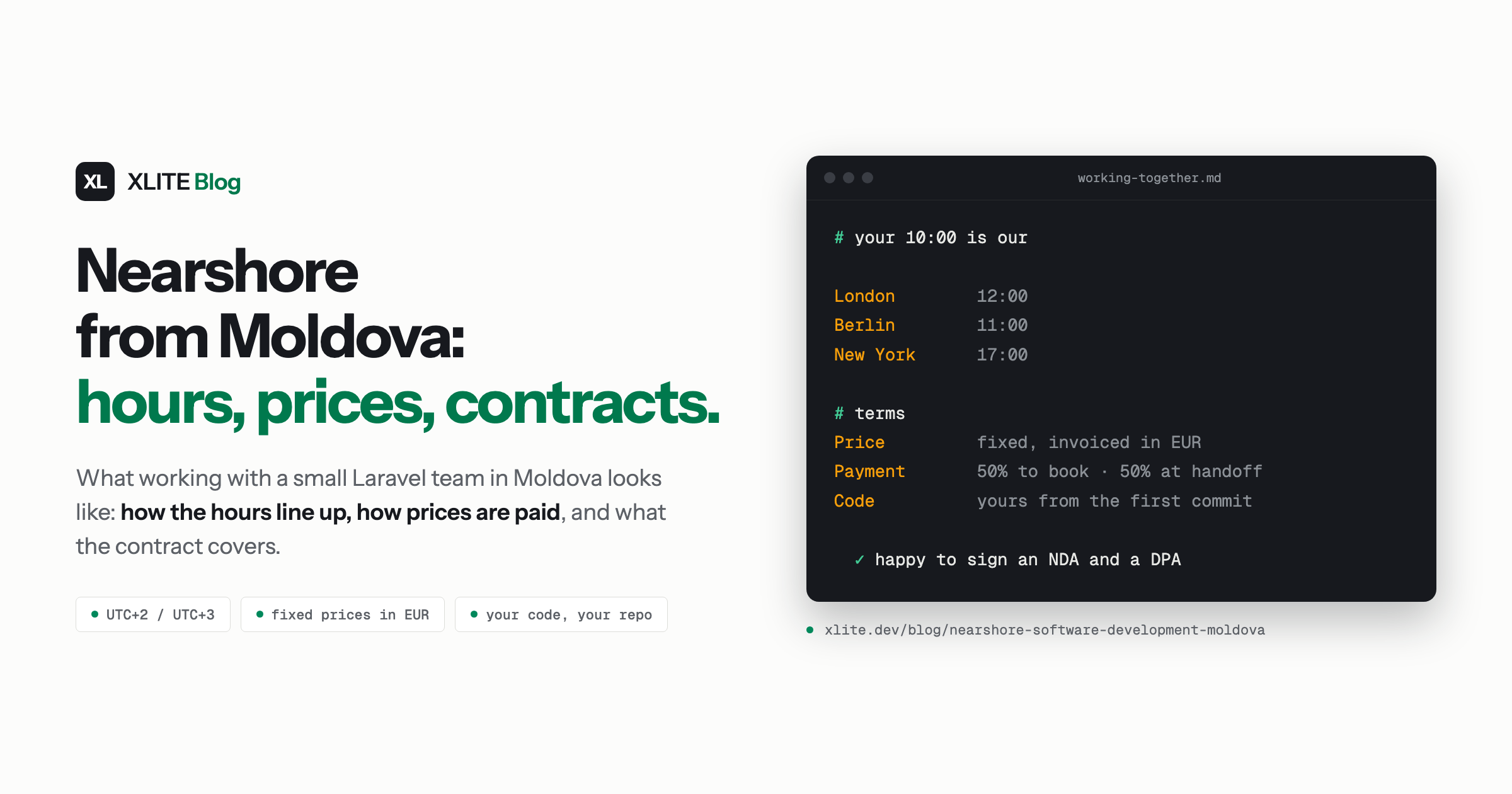 Nearshore from Moldova: hours, prices and contracts. Moldova is one hour ahead of Berlin and two ahead of London all year; work is priced as fixed amounts and invoiced in EUR; you own the code from the first commit.